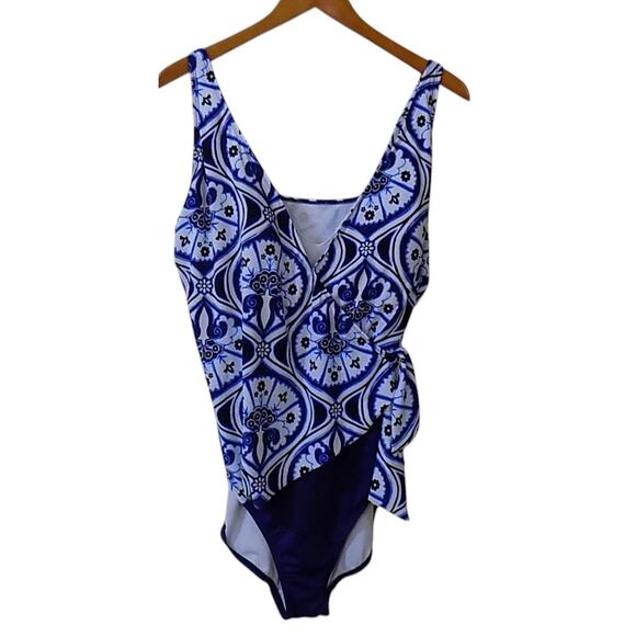 Bal Harbour Swimsuit Women 20 Blue One Piece Summer Seychelles‎ Faux Wrap Sash - Picture 1 of 4